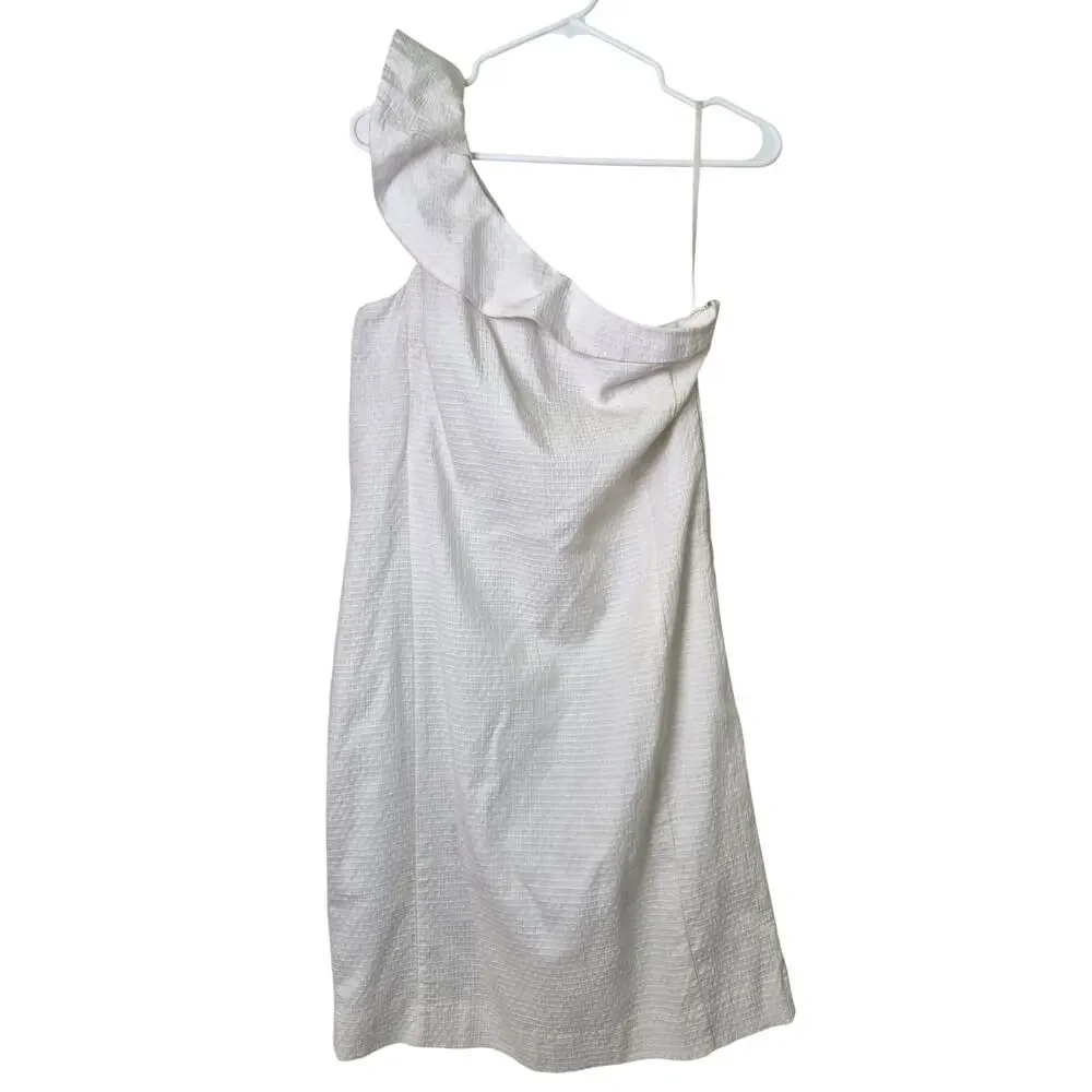 Ann Taylor Dress Sz 8 Cream One Shoulder Shift Ruffle Summer Preppy Cotton Resor